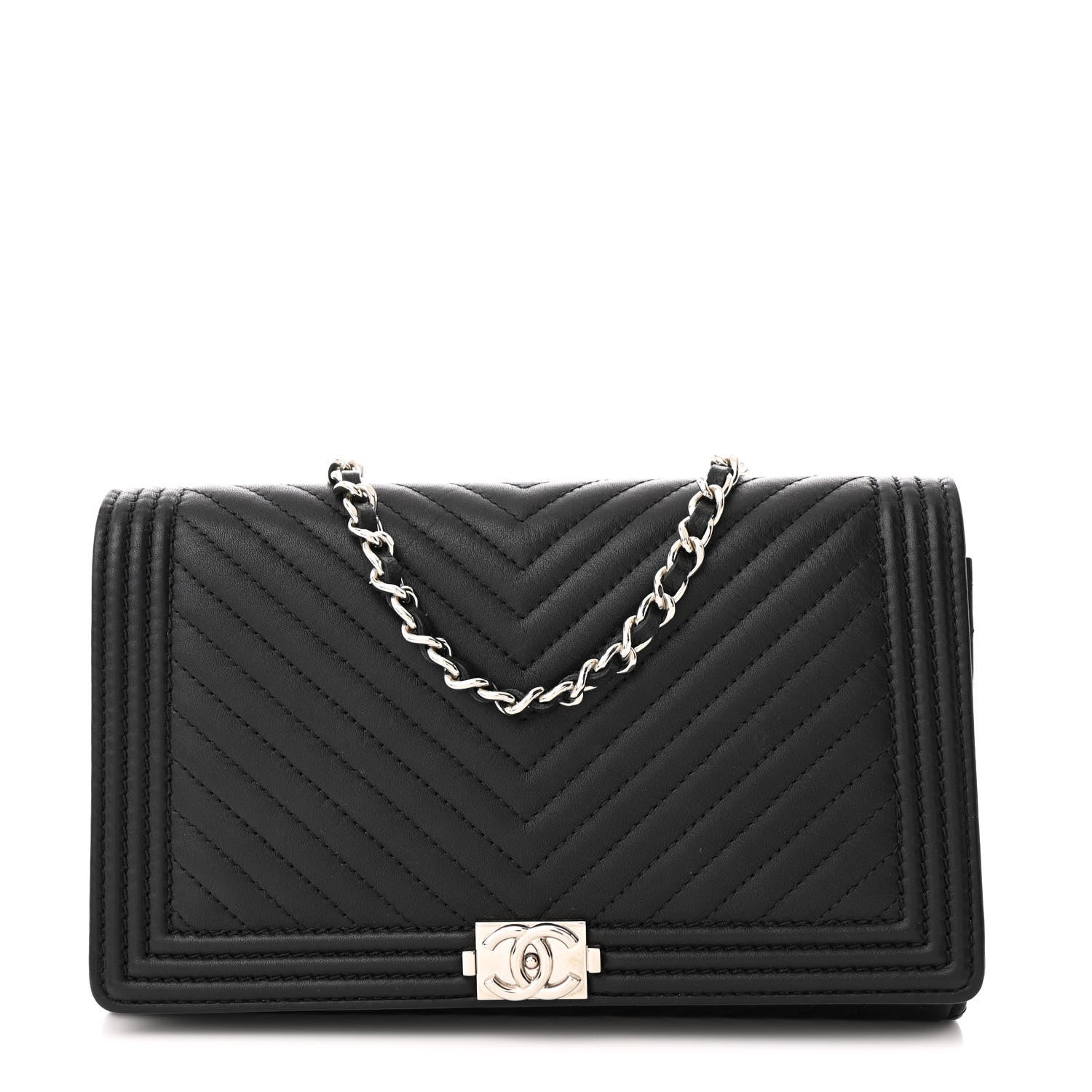 Chanel Calfskin Chevron Quilted Boy Wallet On Removable Chain WOC Black 1 of 12