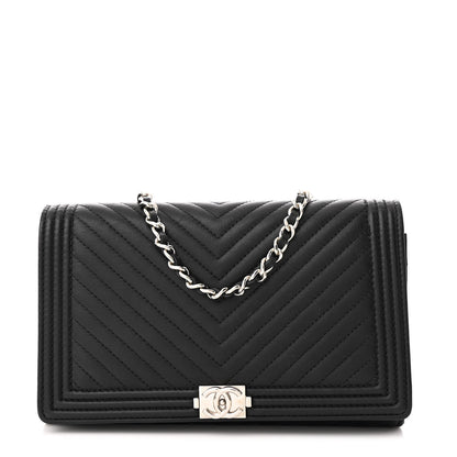 Chanel Calfskin Chevron Quilted Boy Wallet On Removable Chain WOC Black 1 of 12