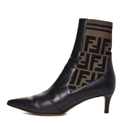 Fendi Vitellino Microfiber Fabric FF Rockoko Low Heel Sock Boots 35.5 Black Tobacco 1 of 12