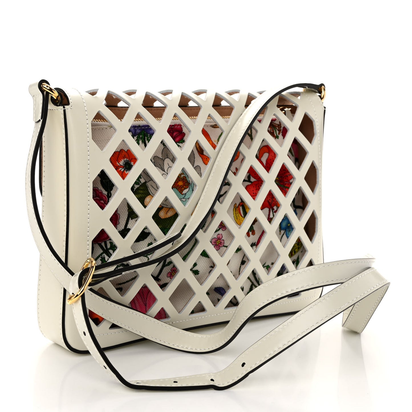 Canvas Flora Floral Calfskin Medium Cutout Shoulder Bag White Multicolor