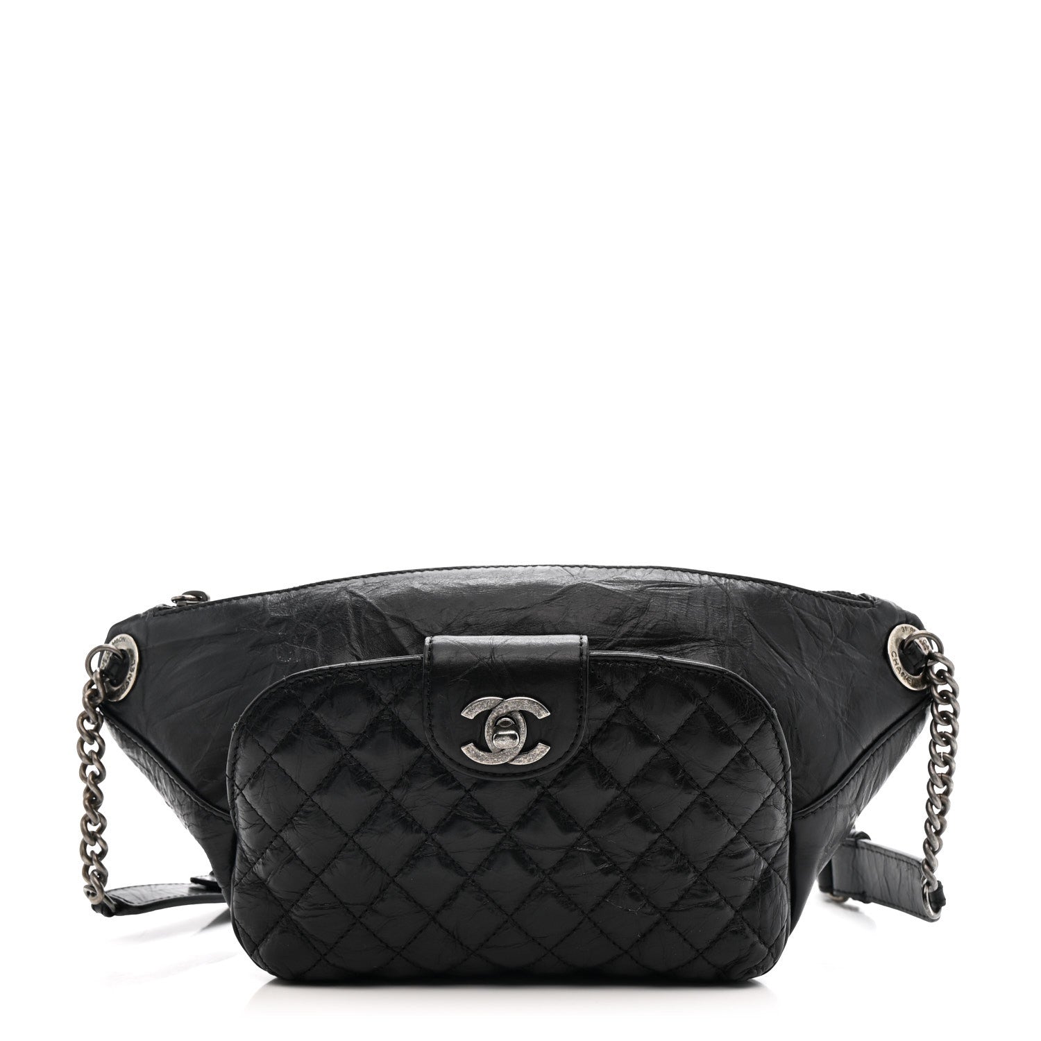 Chanel Crumpled Calfskin Quilted Casual Rock Waist Bag Fanny Pack Black 1 of 12