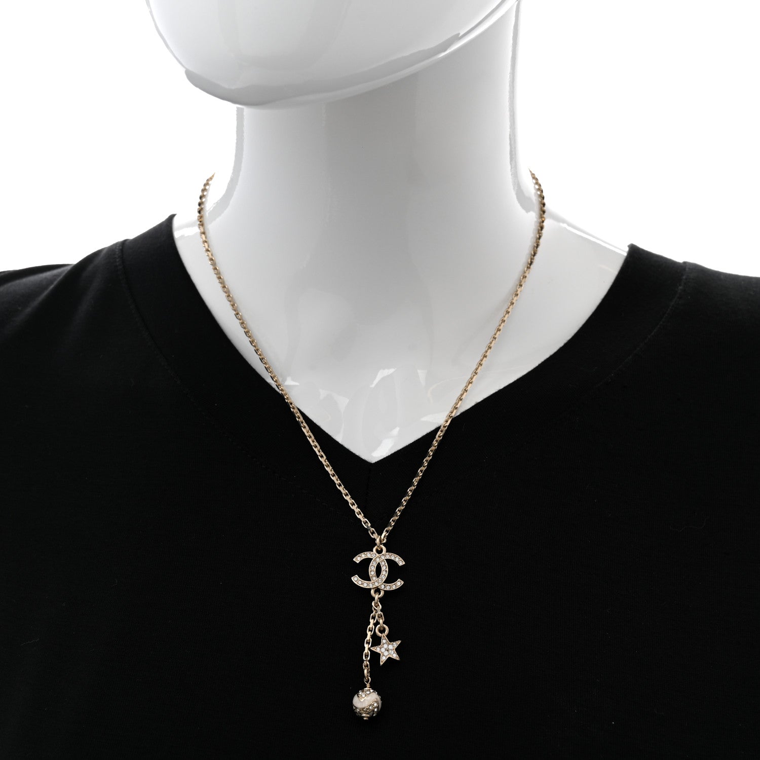 Chanel Crystal Star CC Drop Pendant Necklace White Gold 2 of 6