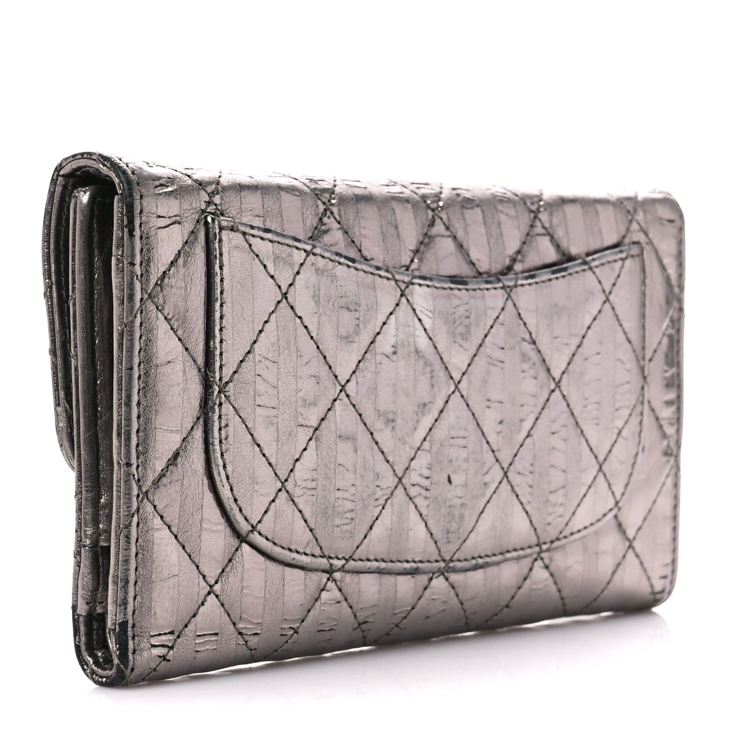Metallic Calfskin Striped Quilted Reissue Flap Wallet Dark Silver