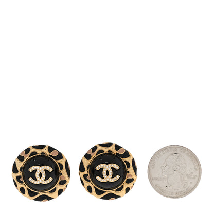 Chanel Metal Crystal Leopard Print CC Round Earrings Gold Black 2 of 5