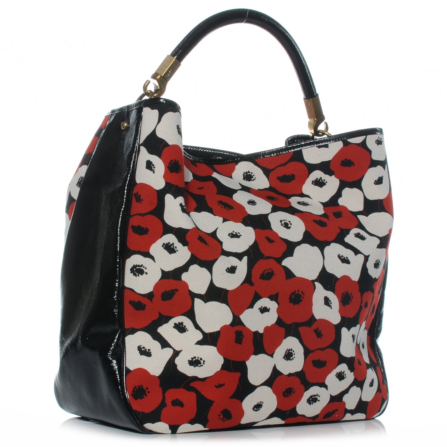 Saint Laurent Patent Leather Canvas Poppy Print Large Roady Hobo Black 2 of 9