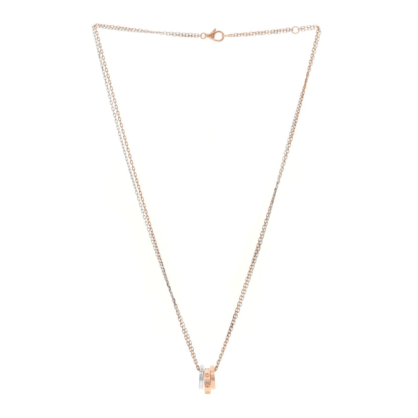 18K White Pink Gold Diamond Three Ring LOVE Pendant Necklace