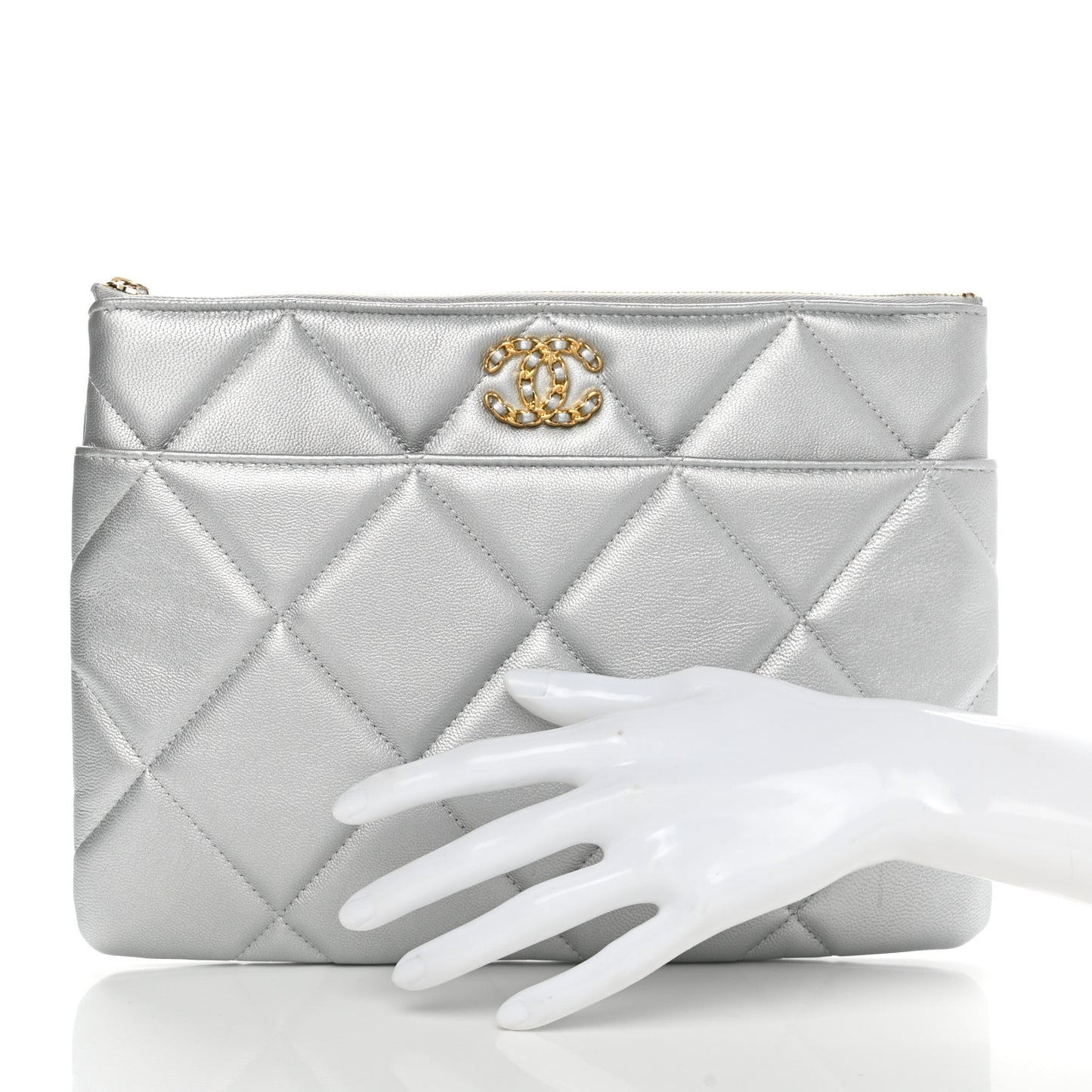 Metallic Lambskin Quilted Chanel 19 Pouch Silver