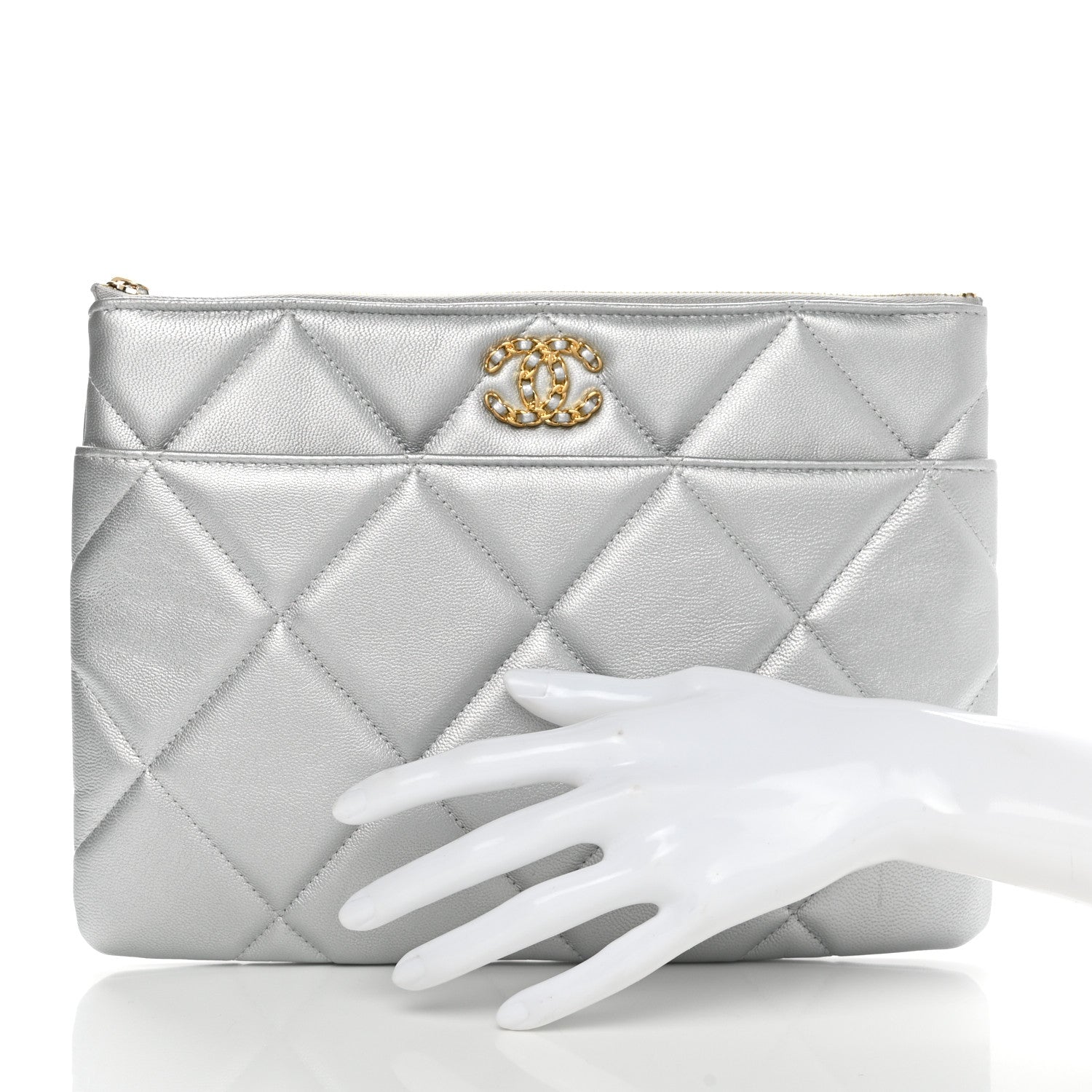 Chanel Metallic Lambskin Quilted Chanel 19 Pouch Silver 2 of 8