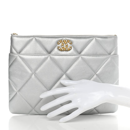 Chanel Metallic Lambskin Quilted Chanel 19 Pouch Silver 2 of 8
