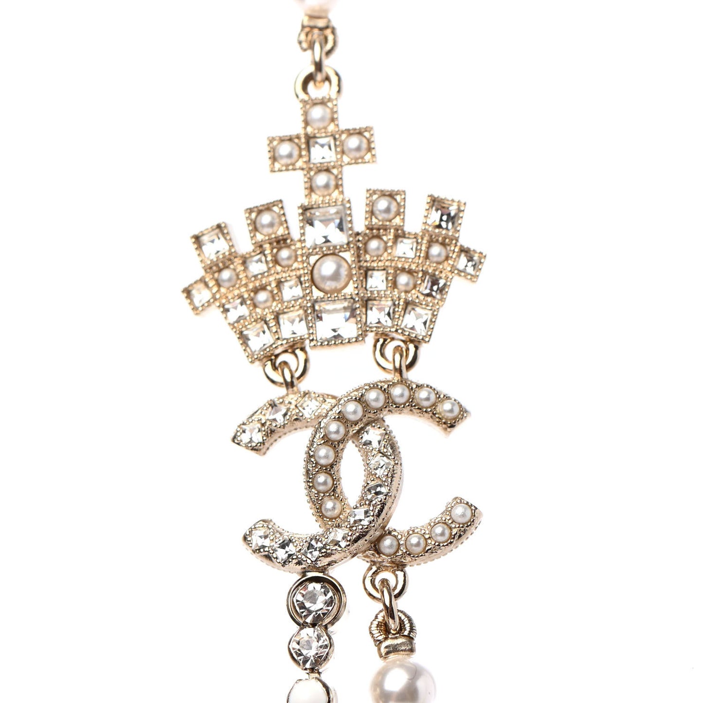 Pearl Crystal CC Crown Multi Strand Necklace Gold