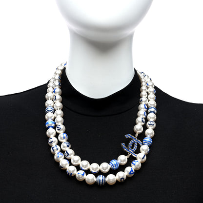 Chanel Graduated Resin Pearl Striped CC Logo Long Necklace White Blue 2 of 5