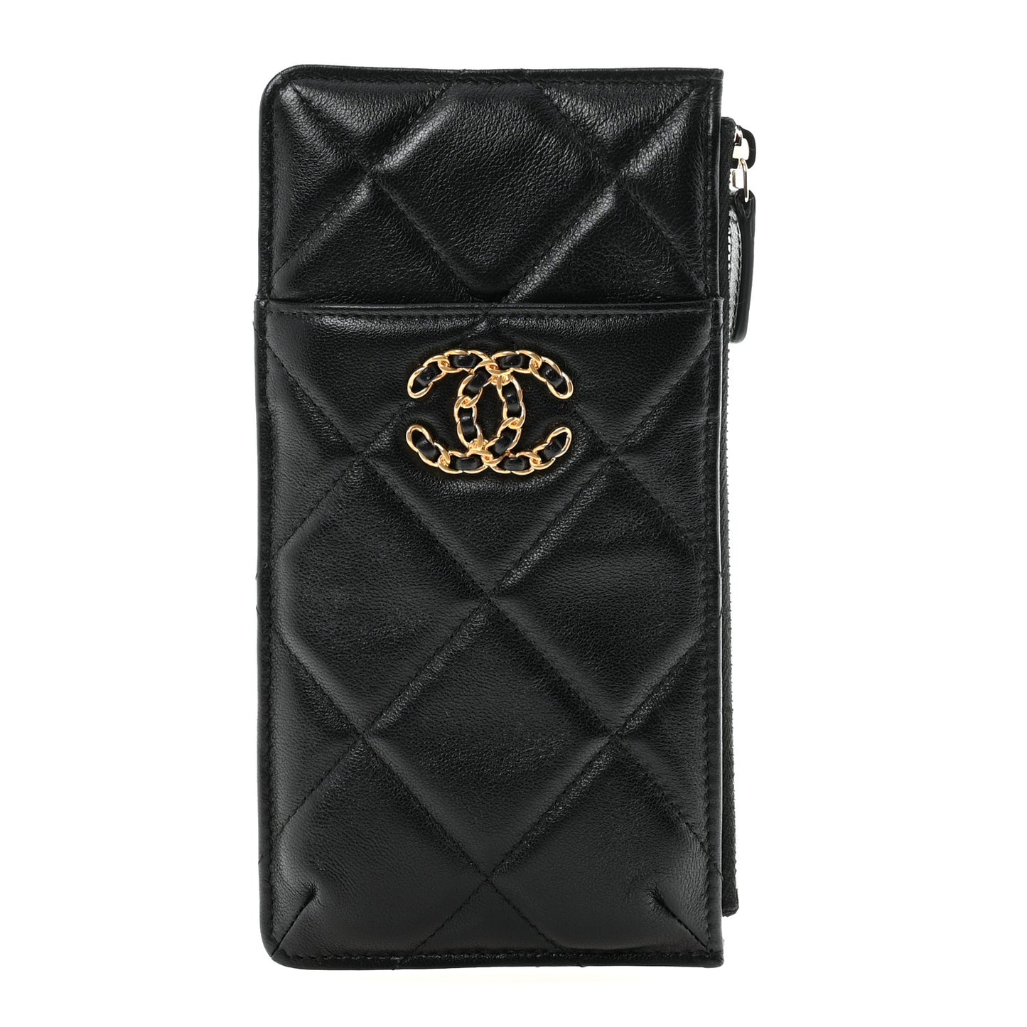 Goatskin Quilted Chanel 19 Flat Wallet Pouch Black