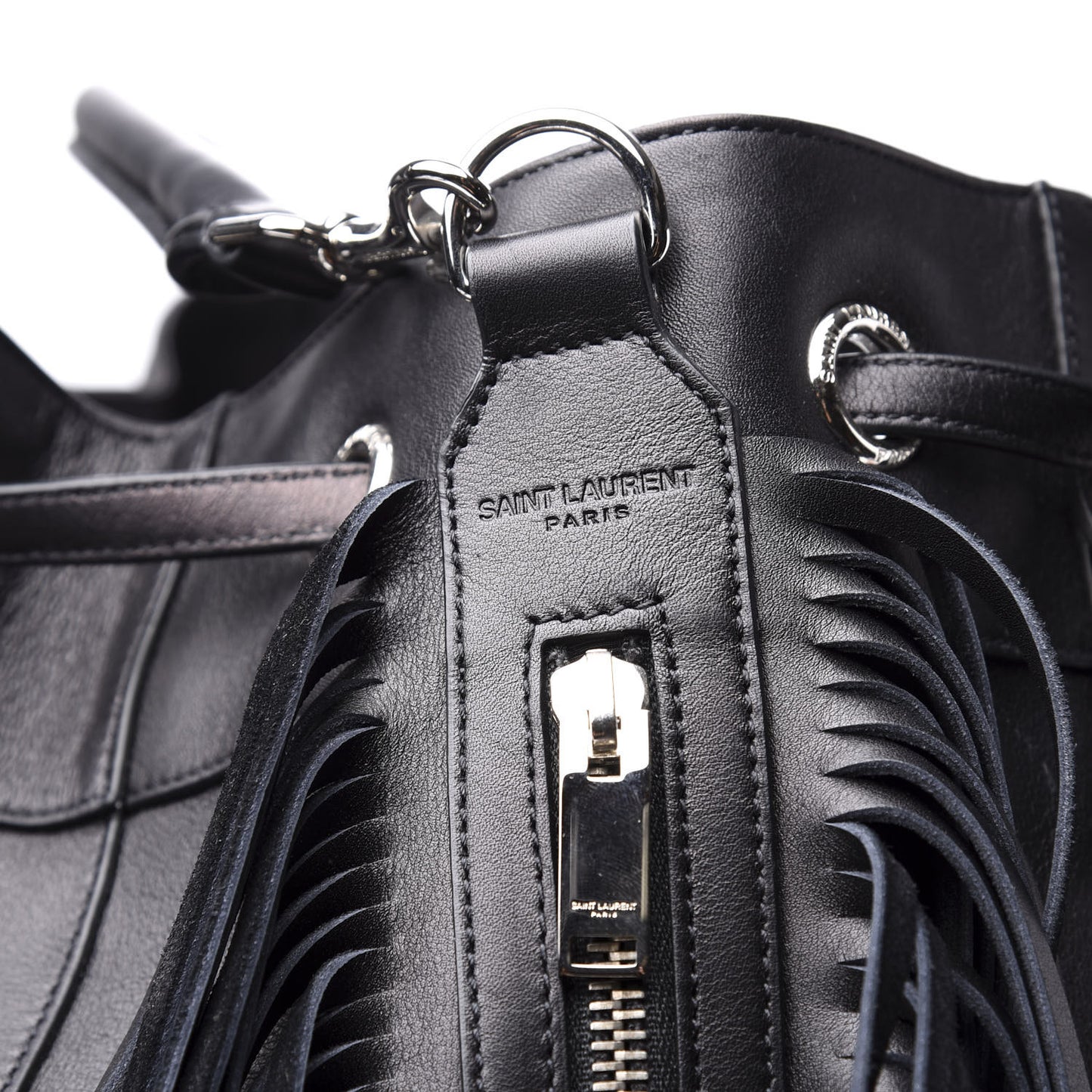 Calfskin Fringe Bucket Bag Black