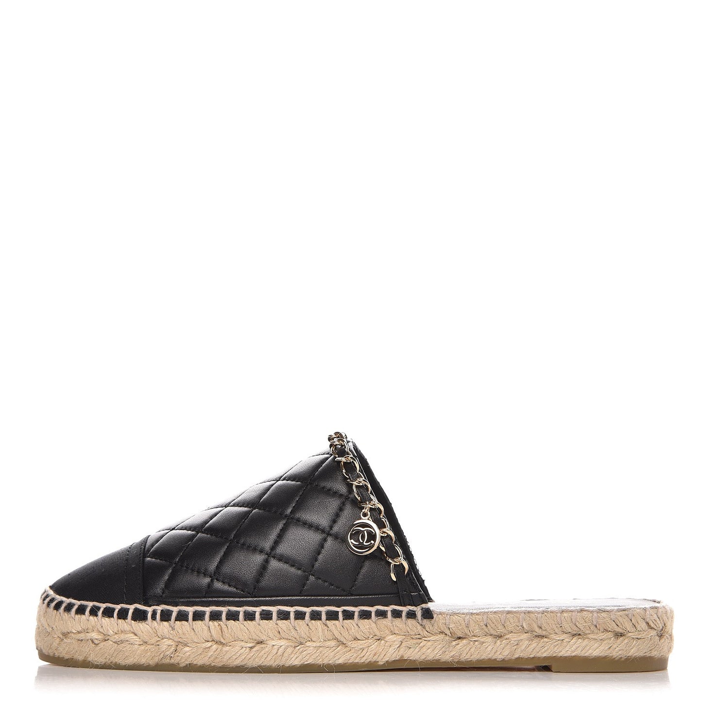 Lambskin Grosgrain Quilted CC Chain Espadrille Mules 39 Black