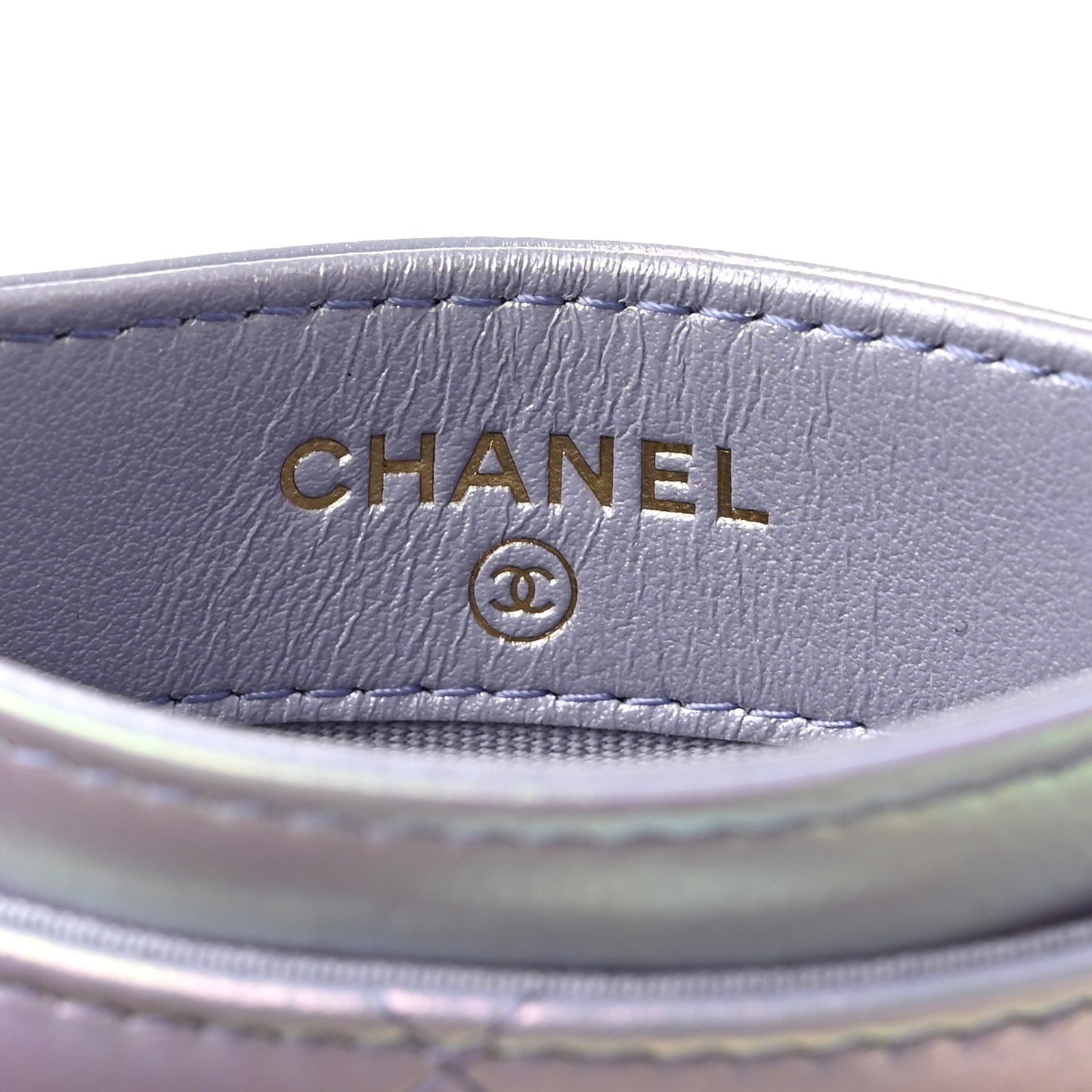 Iridescent Calfskin Quilted Chanel 19 Card Holder Light Purple