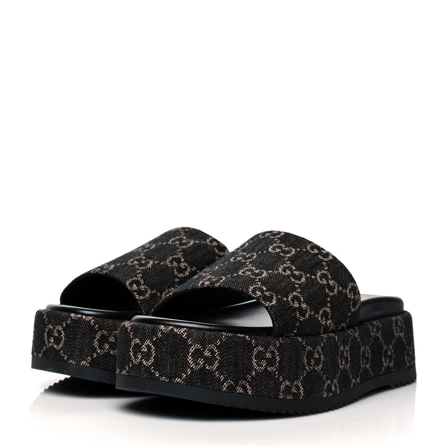 Gucci Jacquard Black Denim GG Monogram Angelina Platform 55mm Slide Sandals 38.5 Black Ivory 3 of 9