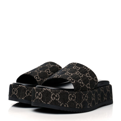 Gucci Jacquard Black Denim GG Monogram Angelina Platform 55mm Slide Sandals 38.5 Black Ivory 3 of 9