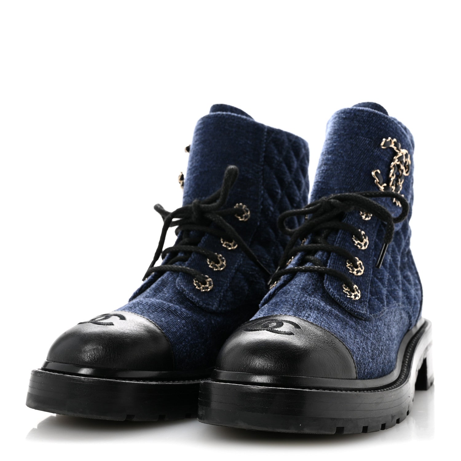 Chanel Shiny Calfskin Velvet Quilted Lace Up Combat Boots 39 Blue 4 of 10