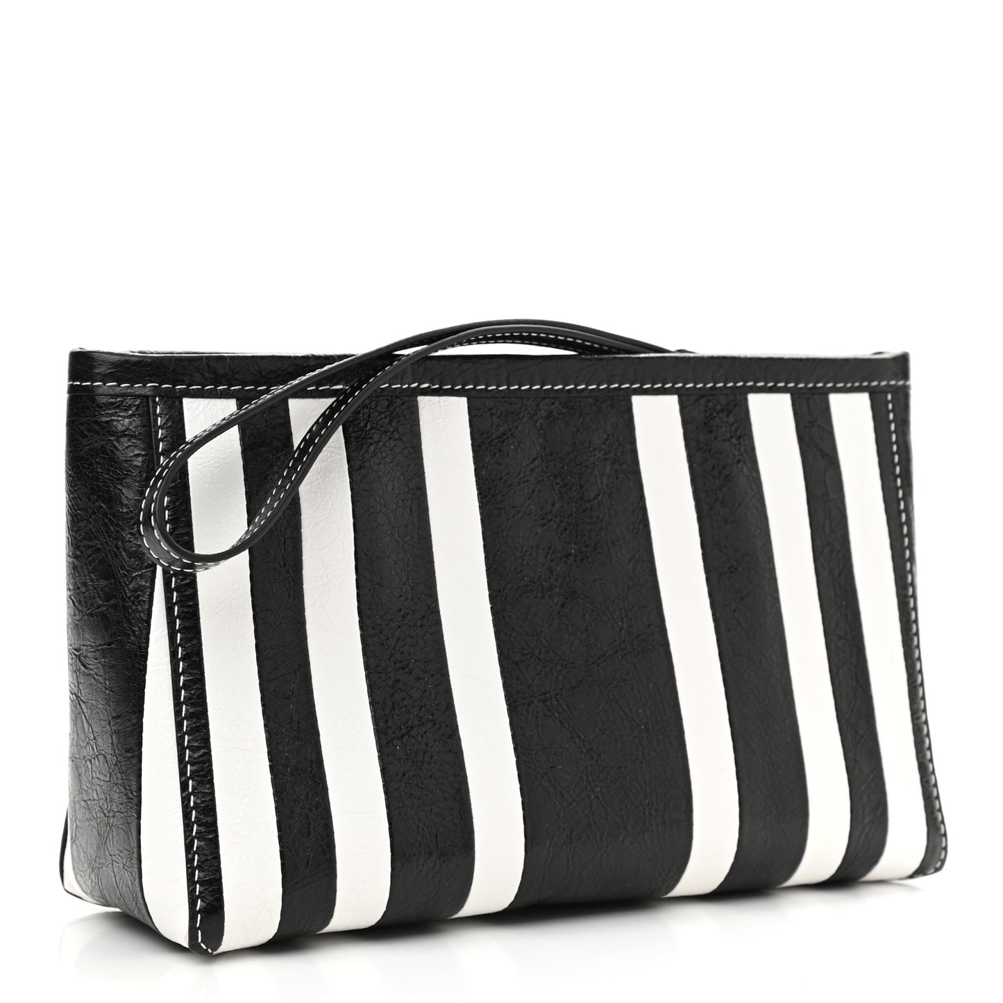 Agneau Arena Striped Patchwork Small Barbes Z Pouch with Handle Black White
