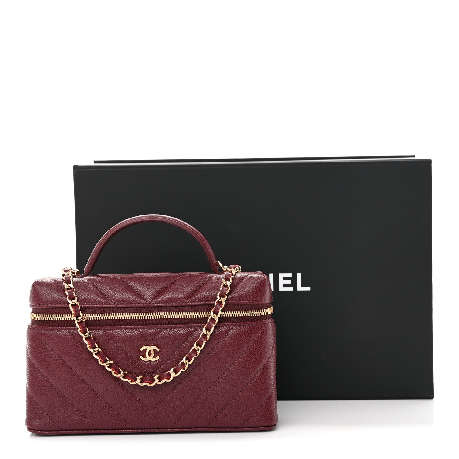 Chanel Caviar Chevron Quilted Top Handle Slim Vanity With Chain Black Burgundy 11 of 11