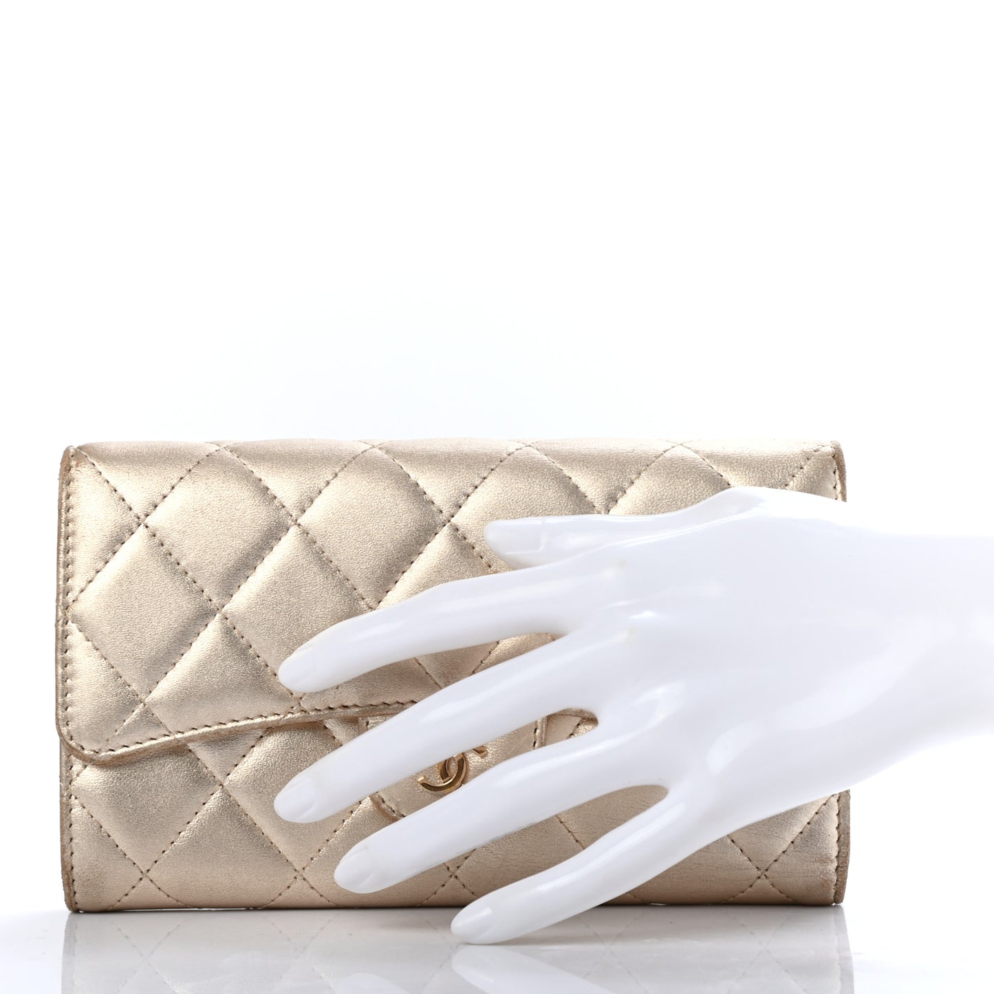 Metallic Lambskin Quilted Large Flap Wallet Gold