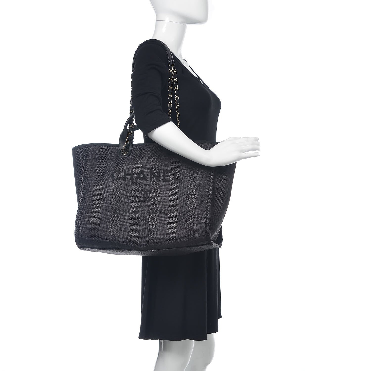 Chanel Straw Raffia Calfskin Striped Large Deauville Tote Black 2 of 10