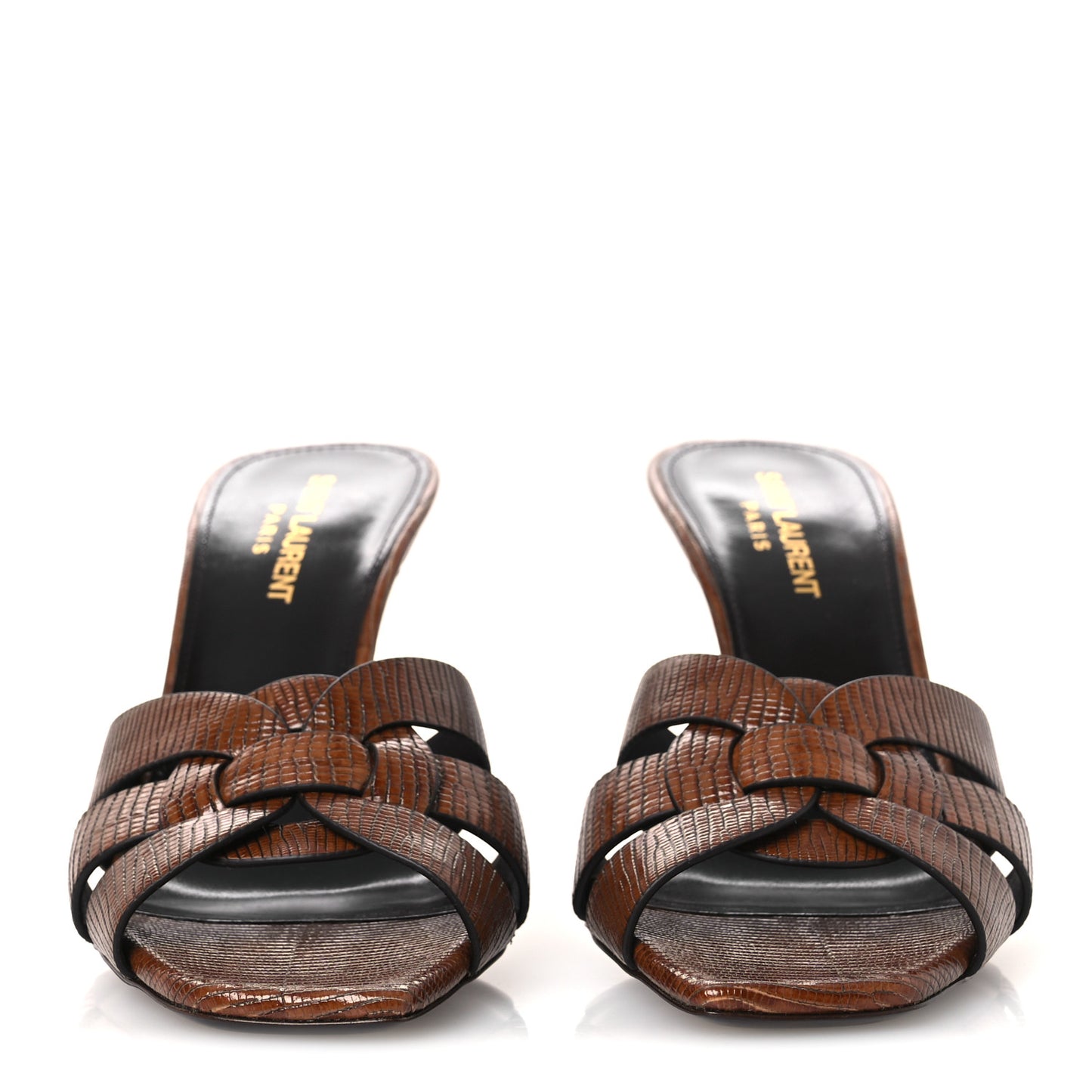 Calfskin Sahara Lizard Embossed Tribute 85 Slide Sandals 37.5 Almond Brown