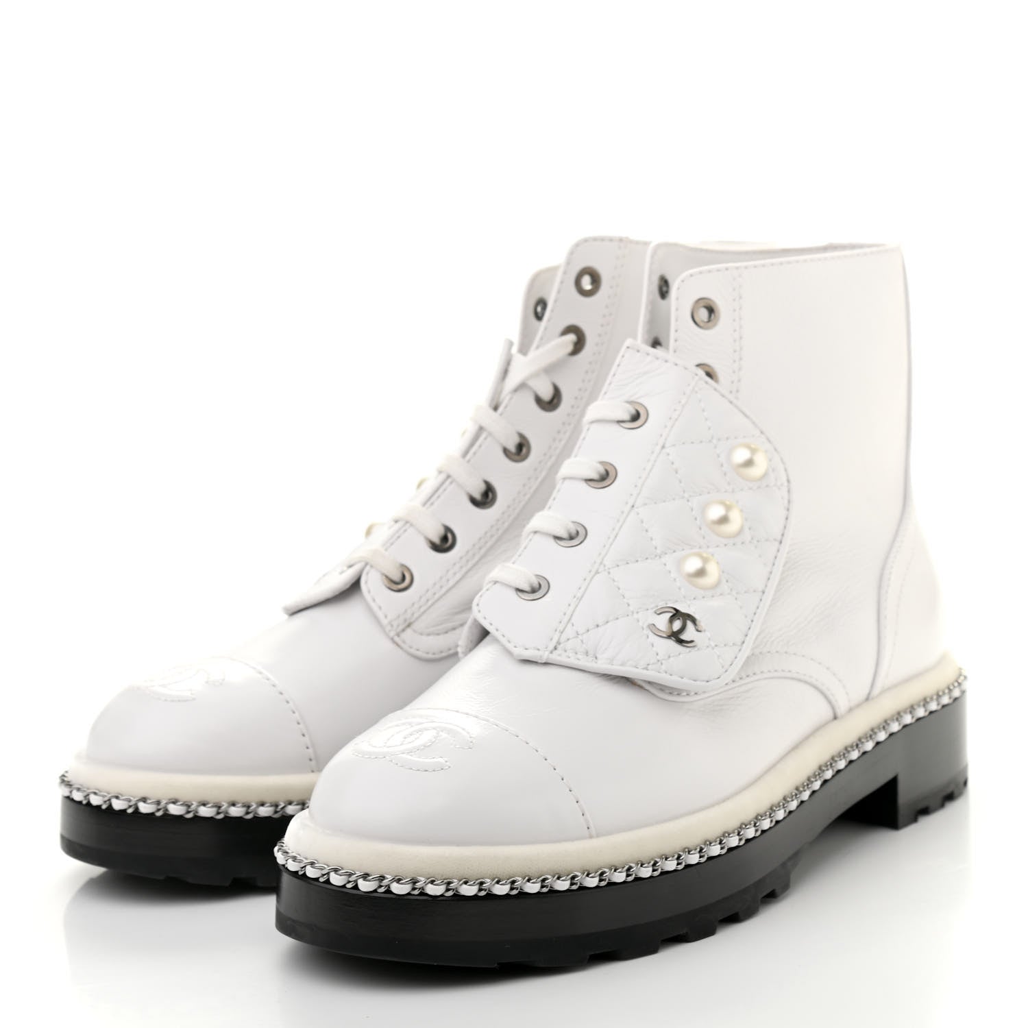 Chanel Crackled Calfskin Pearl Chain CC Combat Short Boots 37 White 3 of 10