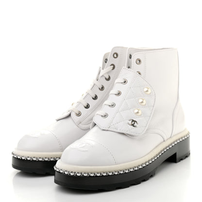 Chanel Crackled Calfskin Pearl Chain CC Combat Short Boots 37 White 3 of 10