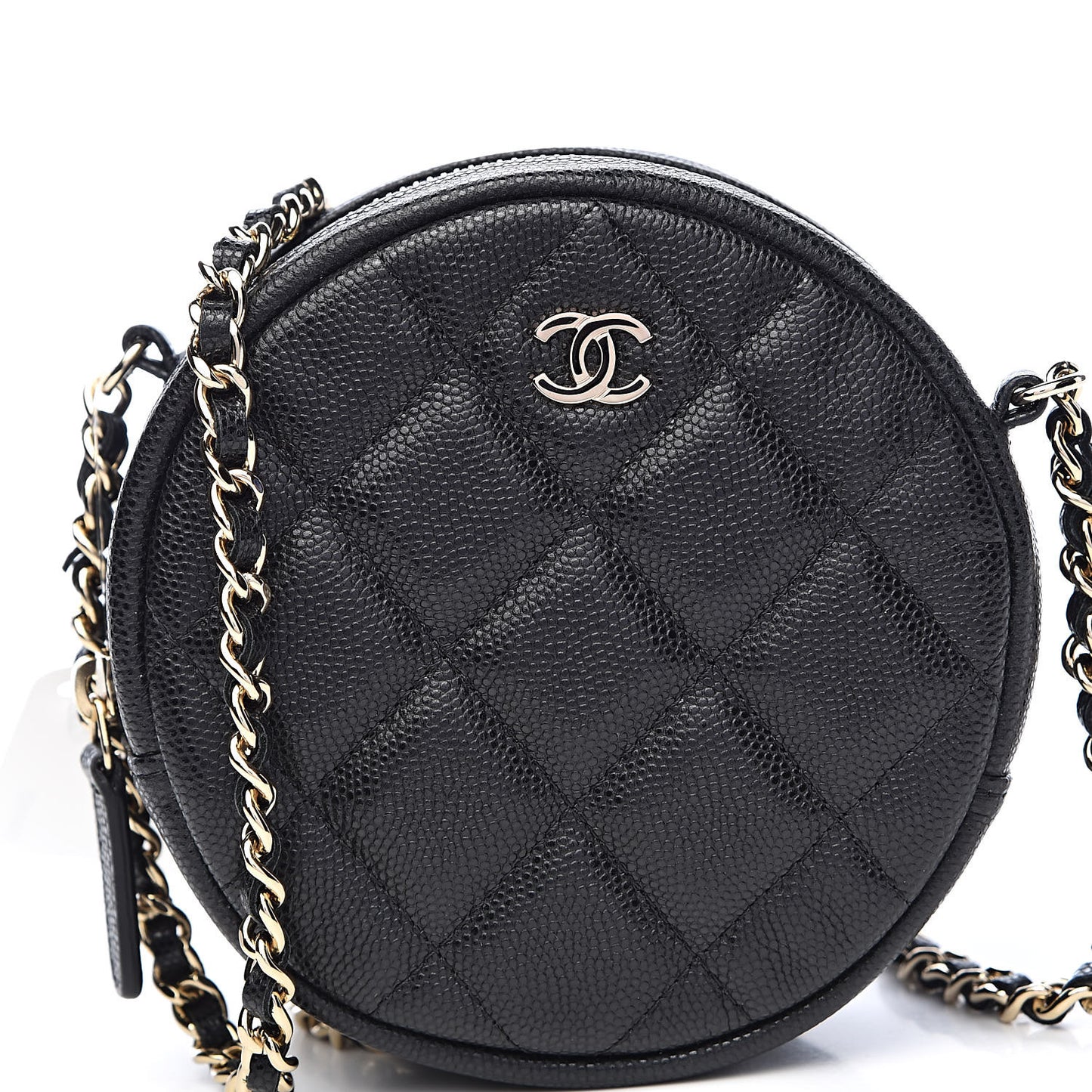 Caviar Quilted Round Clutch With Chain Black
