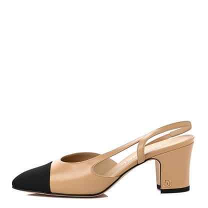 Chanel Goatskin Grosgrain Cap Toe CC Slingback Pumps 35.5 Beige Black 1 of 9