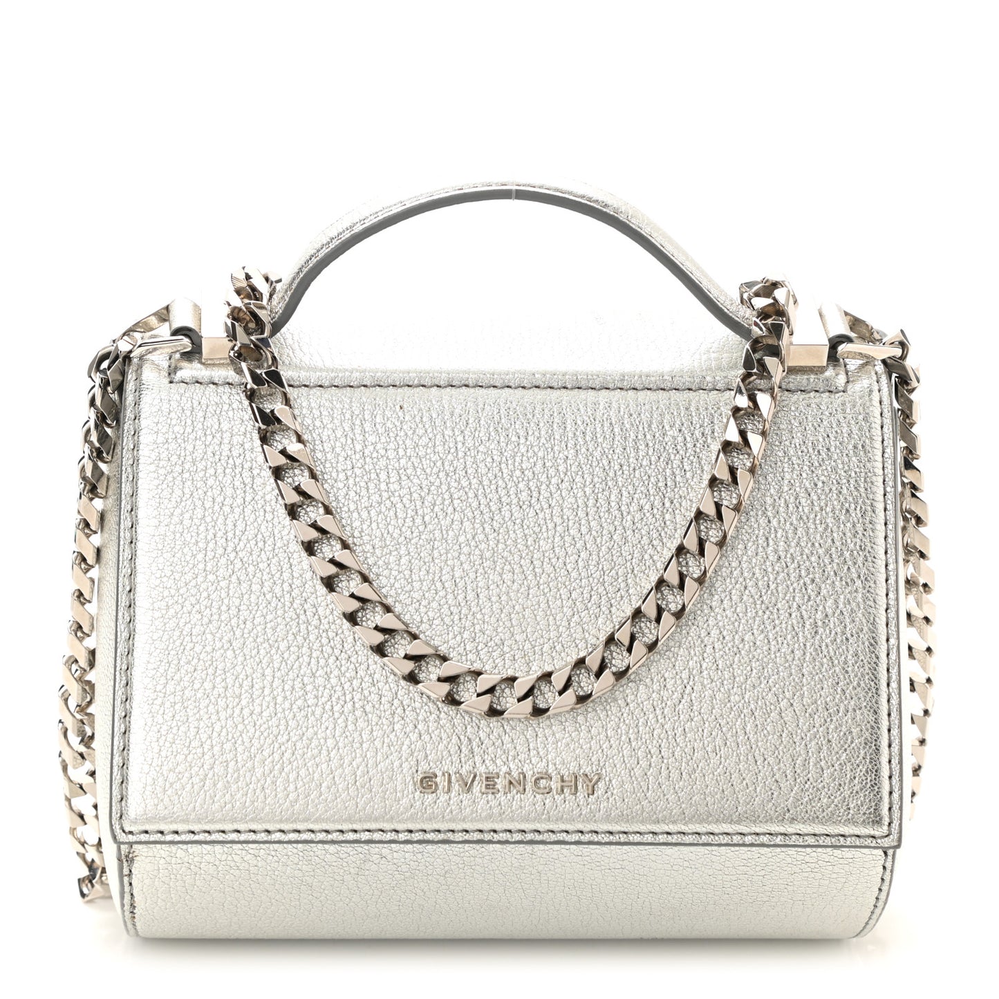 Metallic Calfskin Mini Pandora Box Chain Crossbody Bag Silver