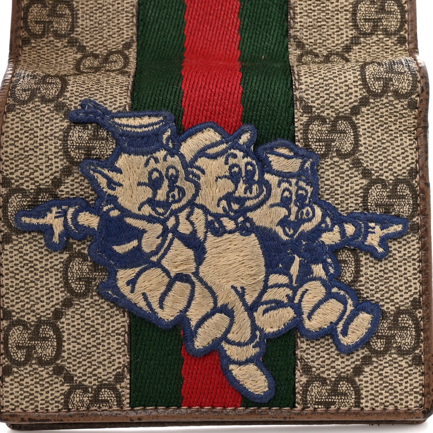 X DISNEY GG Supreme Monogram Web Three Little Pigs Ophidia Card Case Wallet Beige New Acero