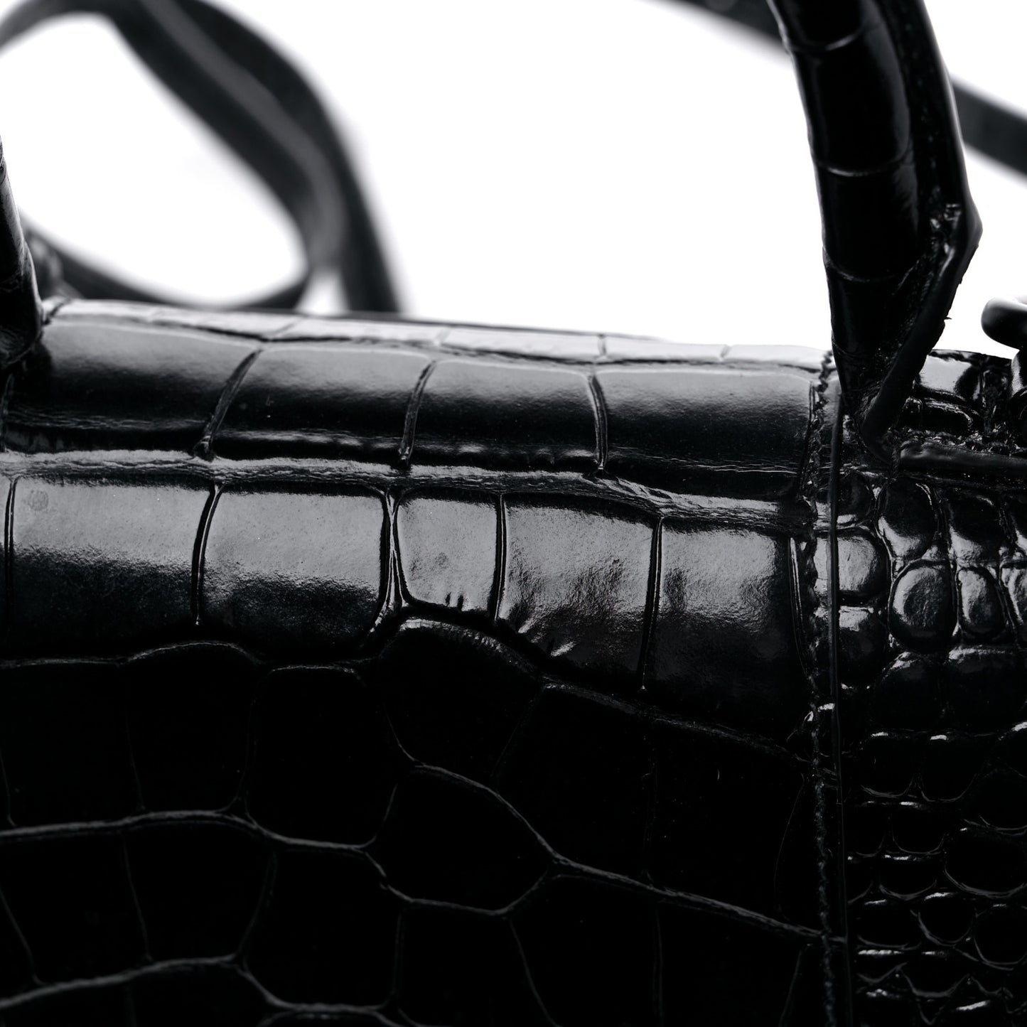 Shiny Calfskin Monochrome Crocodile Embossed Hourglass Top Handle Bag XS Black