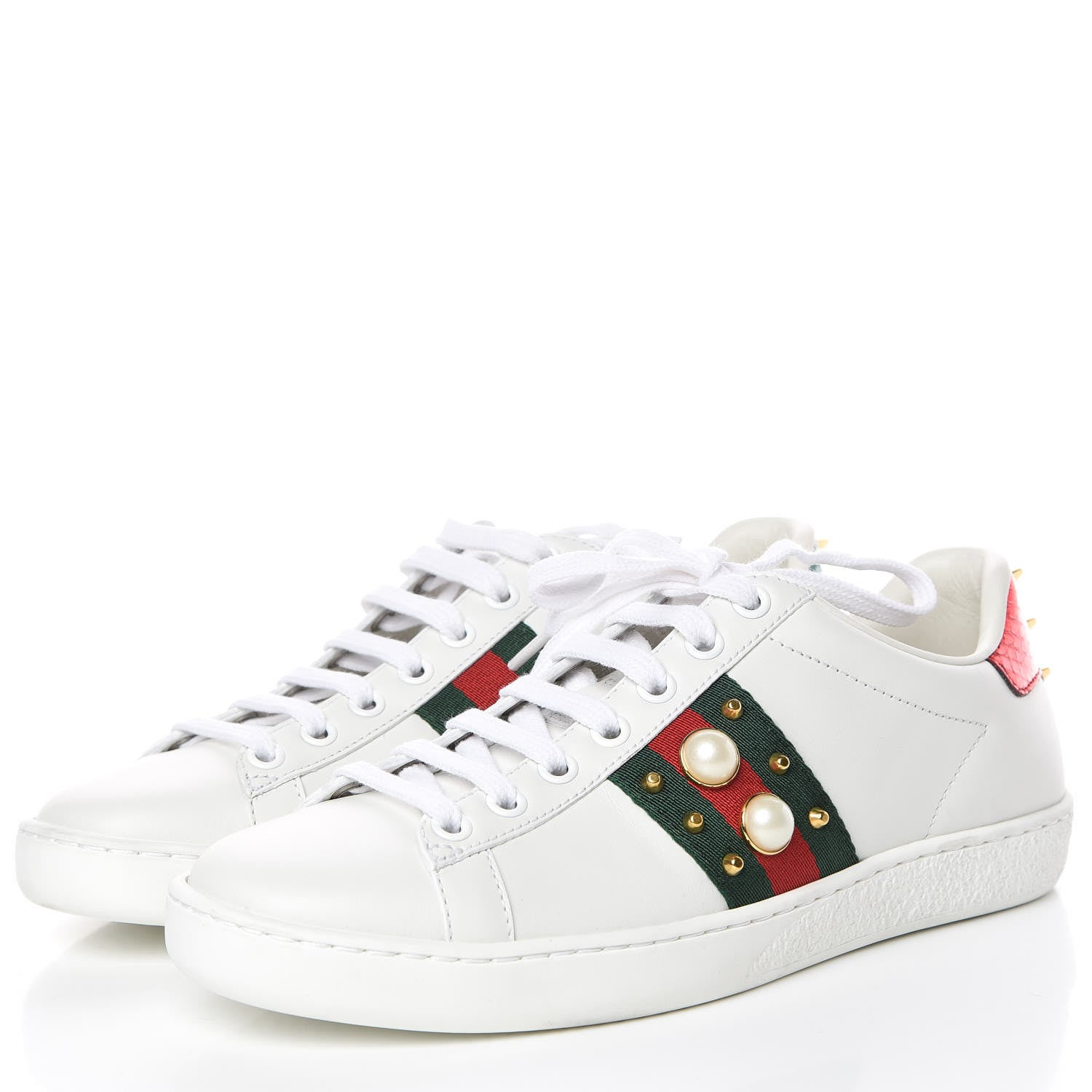 Gucci Calfskin Web Pearl Studded Womens Ace Sneakers 35.5 White 3 of 11