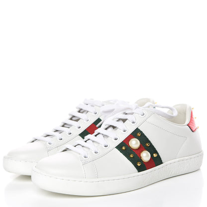 Gucci Calfskin Web Pearl Studded Womens Ace Sneakers 35.5 White 3 of 11