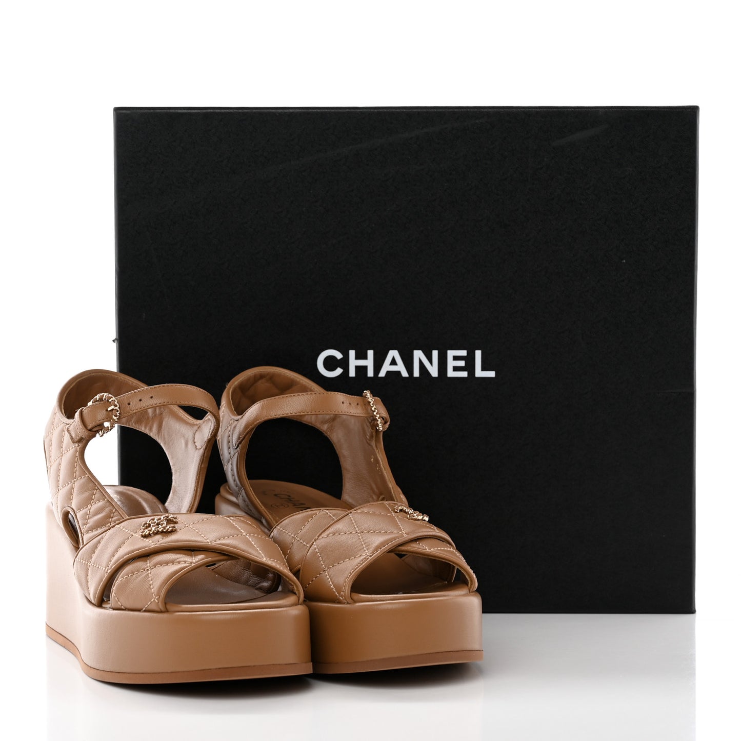 Lambskin Quilted CC Platform Sandals 39 Beige