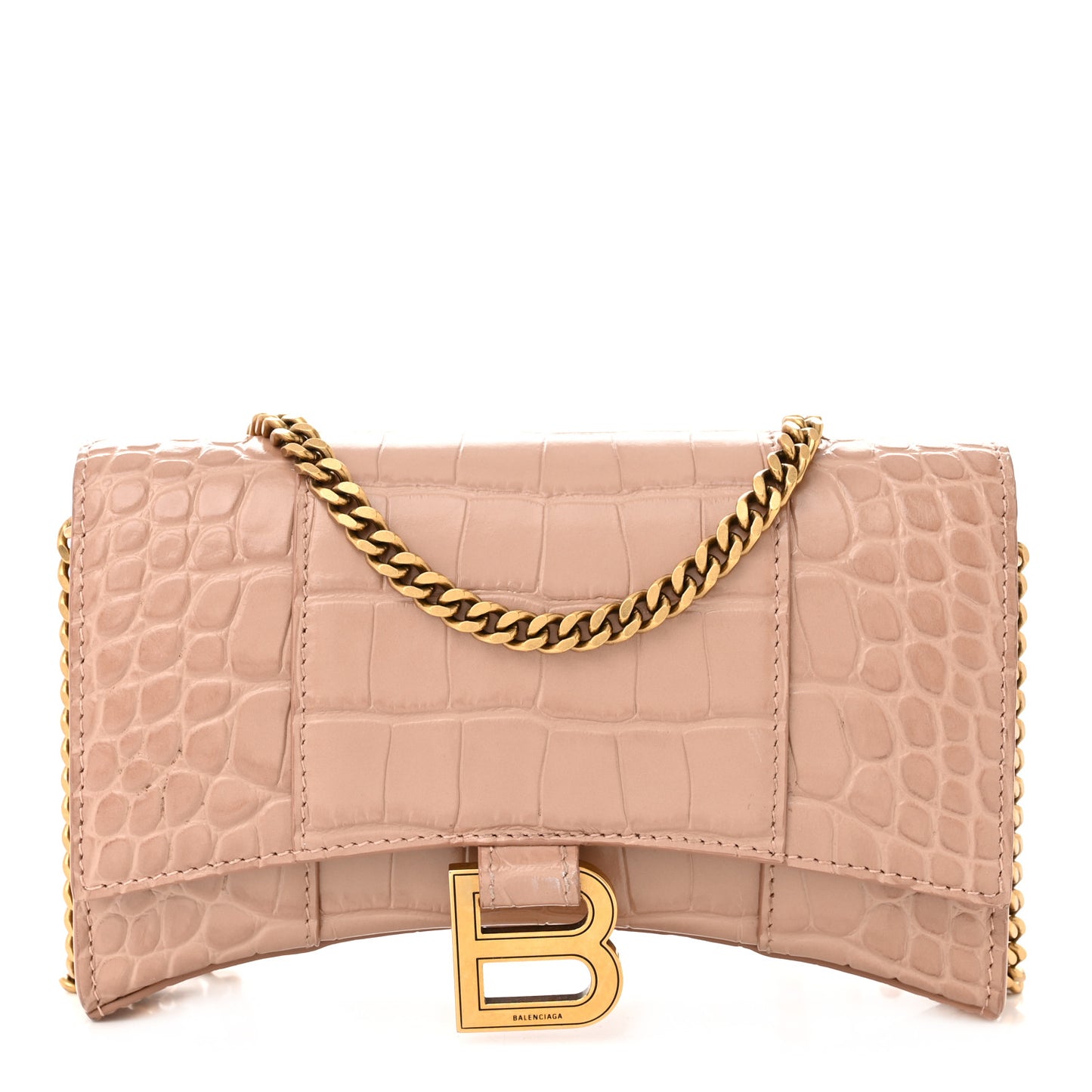 Shiny Calfskin Crocodile Embossed Hourglass Chain Bag Nude Beige