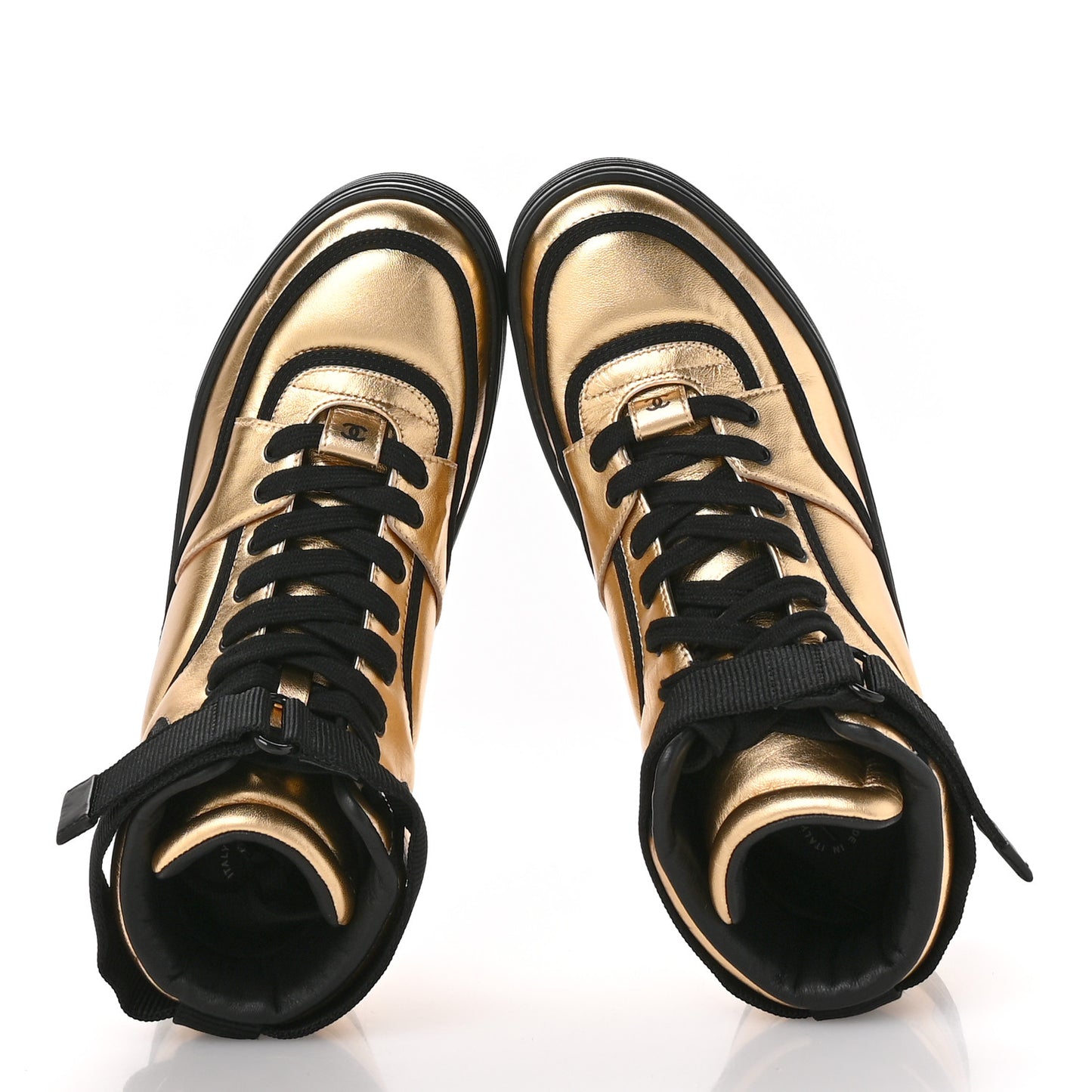 Metallic Satin Lambskin Logo High Top Sneakers 38 Gold Black