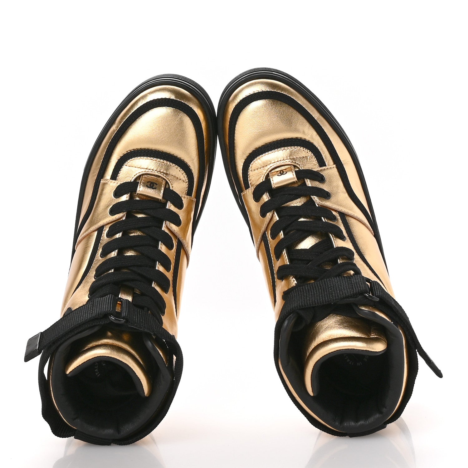 Chanel Metallic Satin Lambskin Logo High Top Sneakers 38 Gold Black 2 of 9