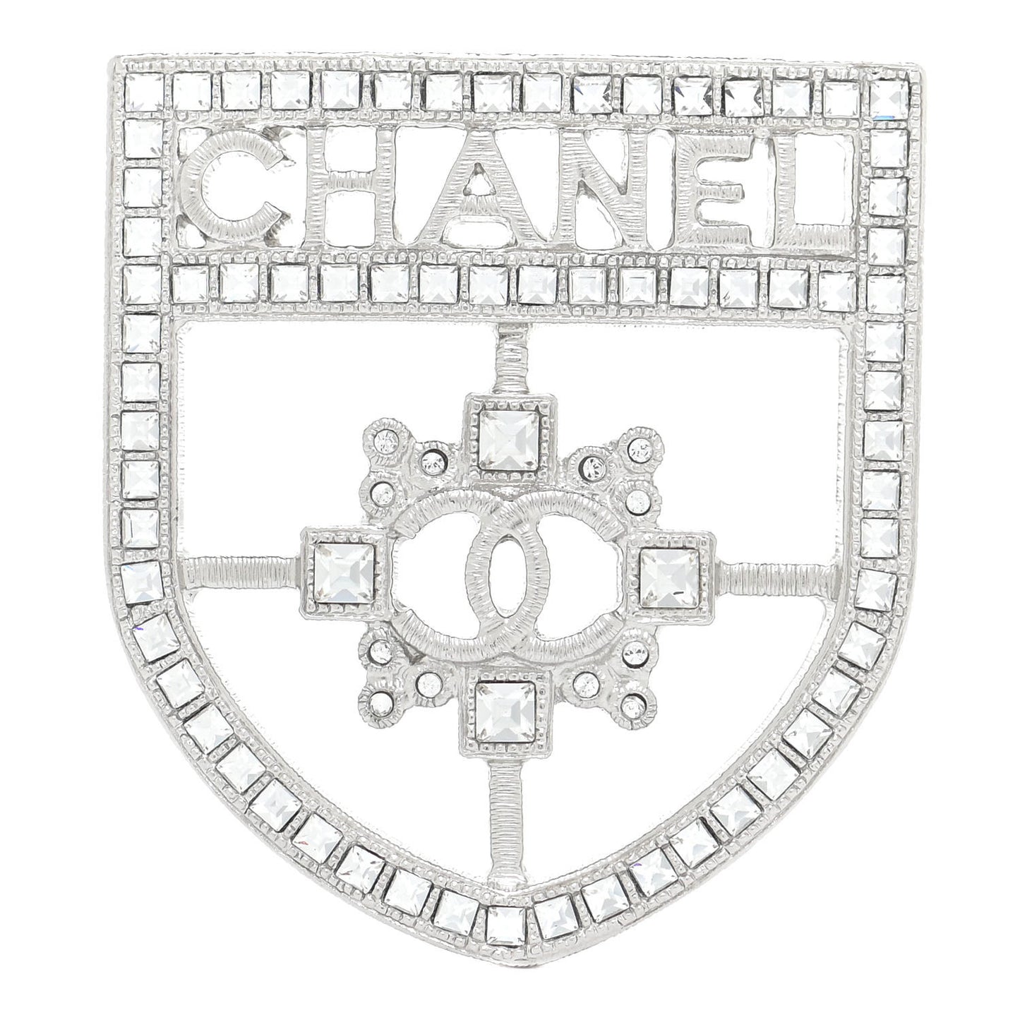 Swarovski Baguette Crystal CC Shield Brooch Silver