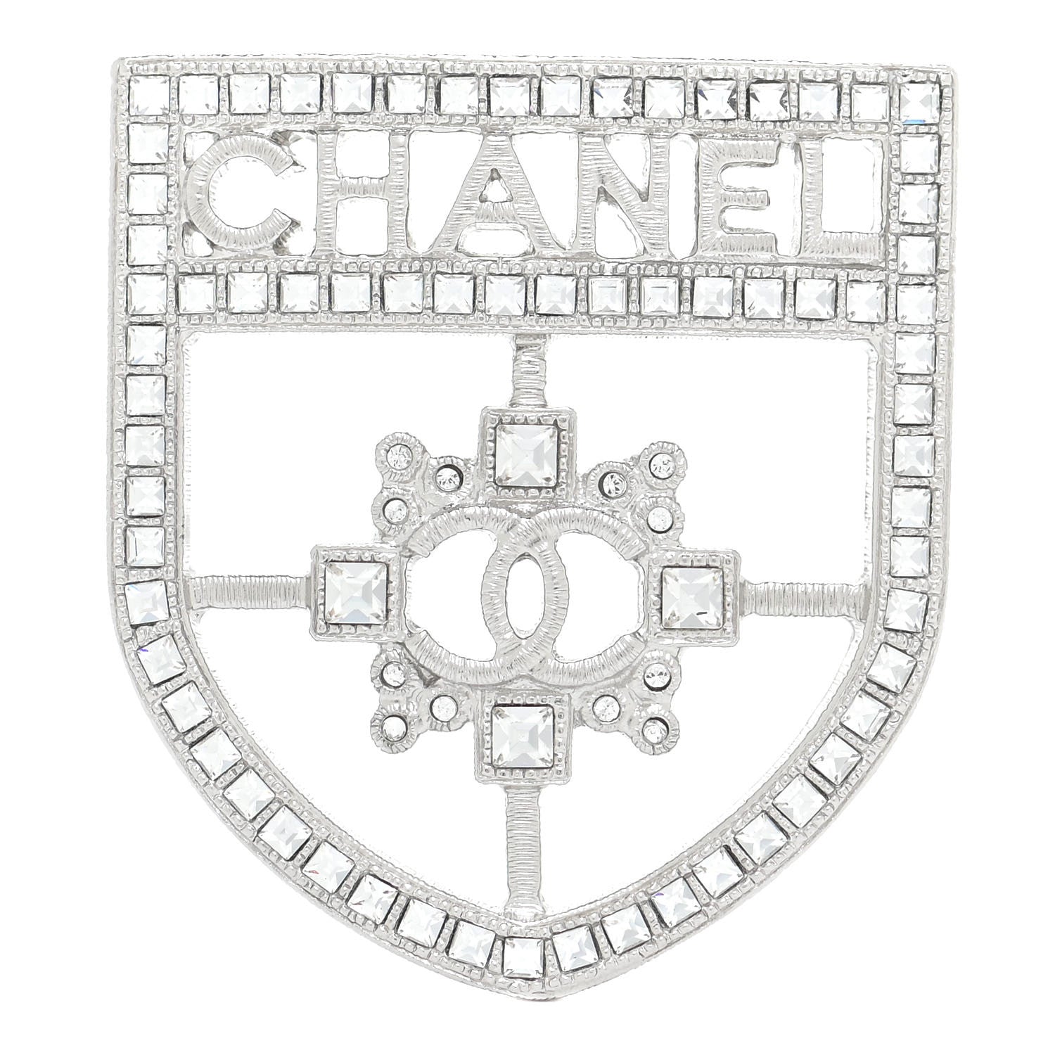 Chanel Swarovski Baguette Crystal CC Shield Brooch Silver 1 of 6