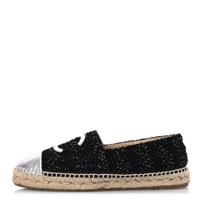 Chanel Metallic Lambskin Tweed CC Espadrilles 39 Black Silver 1 of 10