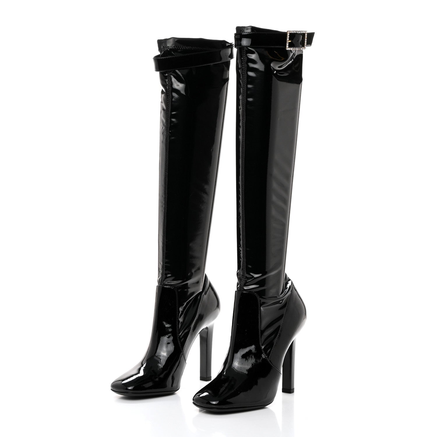 Saint Laurent Patent Stretch Crystal Buckle Lala 105 Tall Boots 37.5 Black 3 of 7