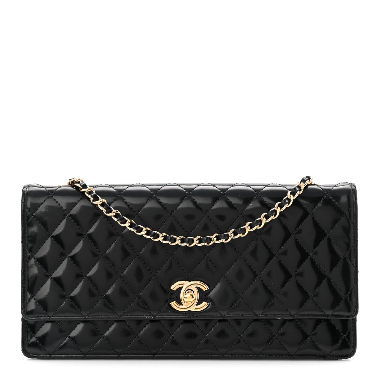 Patent Calfskin Quilted East West Flap Shoulder Bag Black
