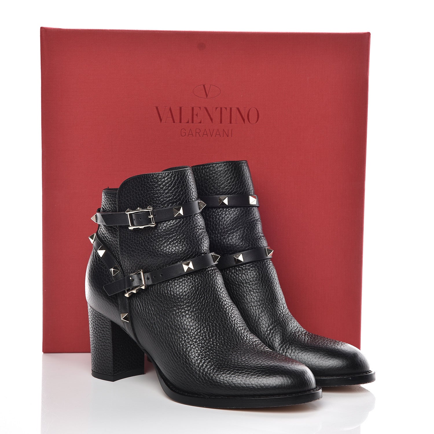 Valentino Garavani Pebbled Calfskin Rockstud Double Buckle 70mm Block Heel Ankle Boots 36.5 Black 13 of 13