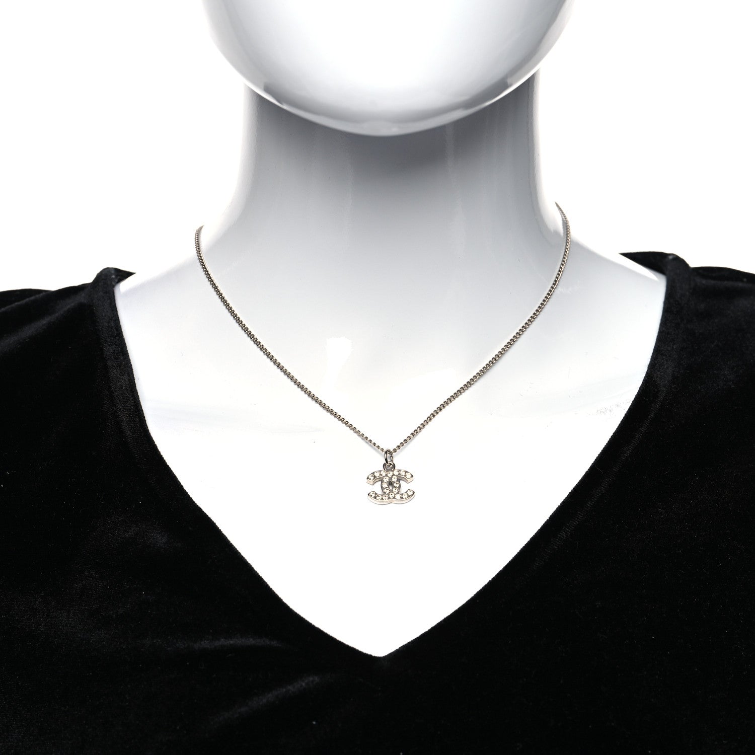 Chanel Crystal CC Pendant Necklace Silver 2 of 5