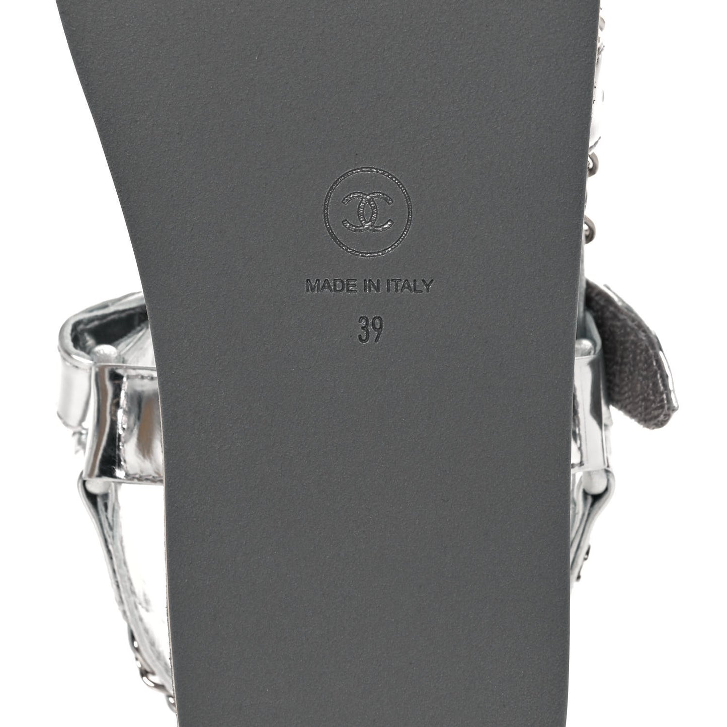 Metallic Laminated Goatskin Chain Flat Sandals 39 Silver