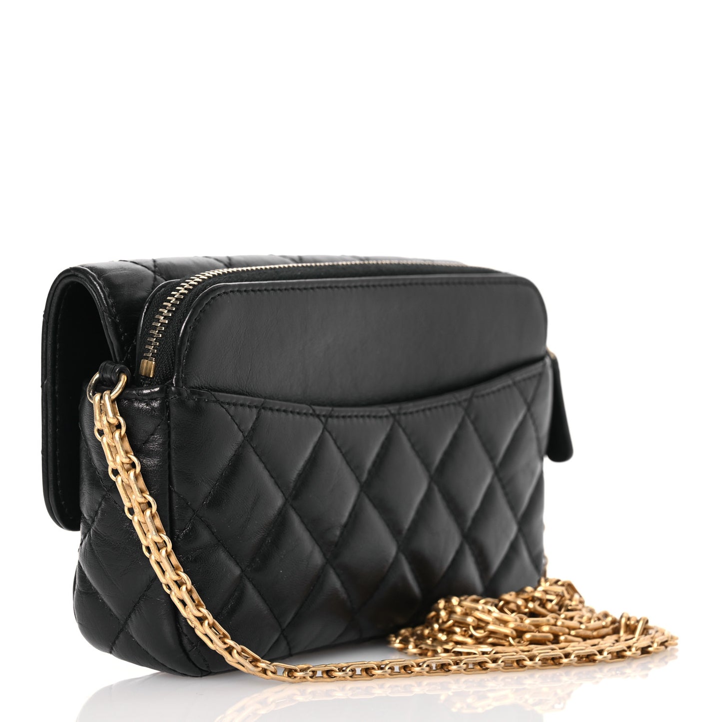 Aged Calfskin Quilted Reissue 2.55 Phone Holder With Chain Black