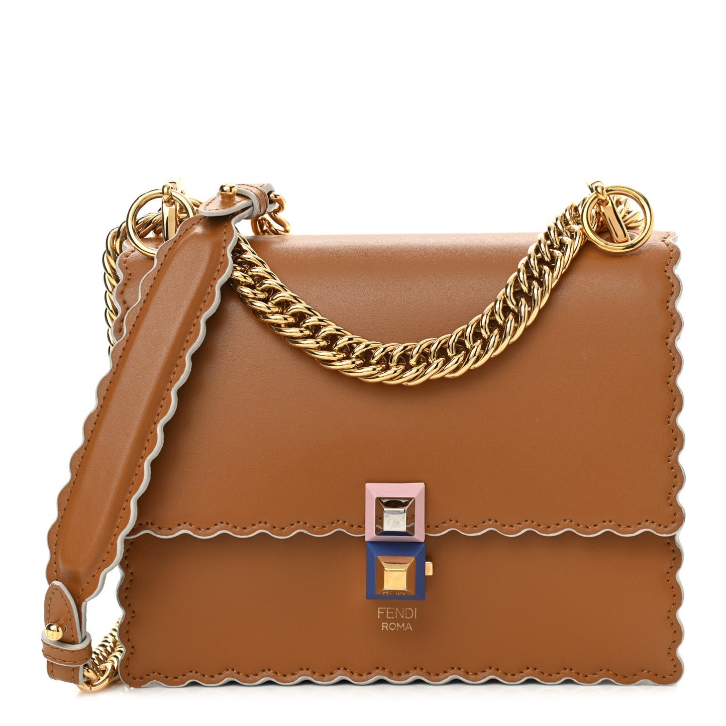 Vitello Liberty Scalloped Studded Small Kan I Shoulder Bag Caramello